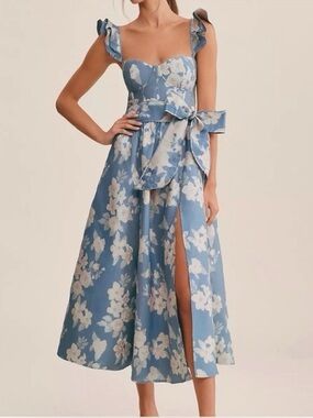 V. Chapman Blue‎ Floral Midi Dress with White Blossoms